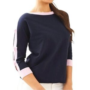 Lilly Pulitzer Larabee Navy Summer Sweater with Light Pink Trim and Bows